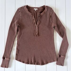 Dylan Waffle Knit Henley Top Cotton Thermal V-neck Brown Long Sleeve M Hygge